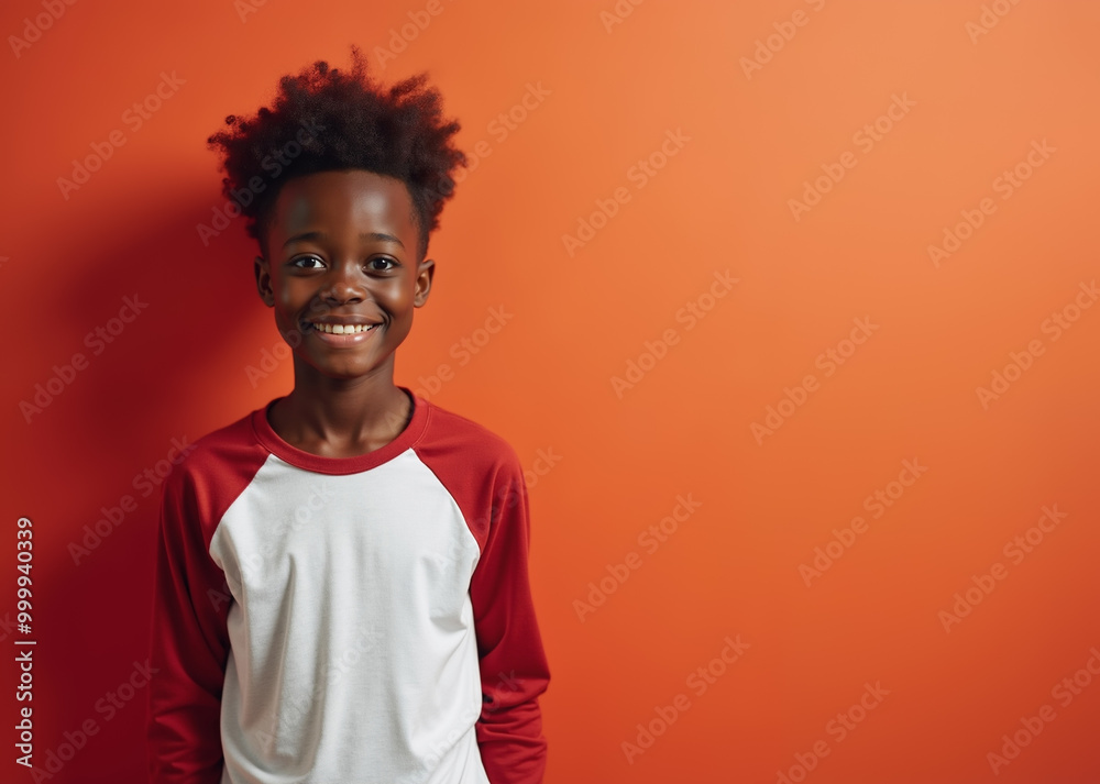 Smiling African American boy with cheerful expression against orange background with copy space