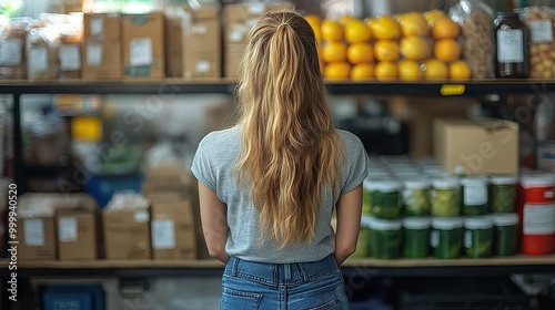 woman volunteer in community charity donation center food bank and coronavirus concept