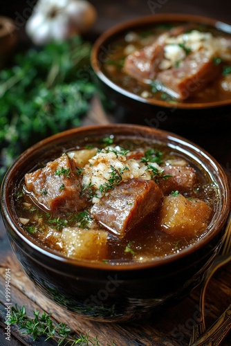 Kocsonya: A jellied pork dish often served during winter months, made with pork parts like trotters and seasoned with garlic. photo