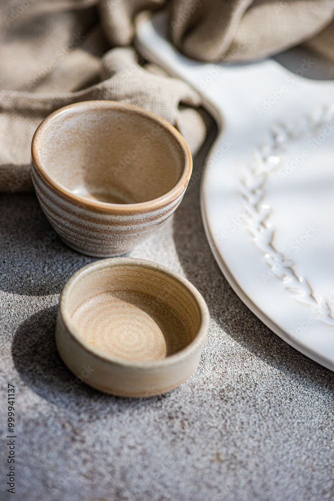 Close-up of Assorted rustic ceramic crockery and tableware on a table Close-up of Assorted rustic ceramic crockery and tableware on a table