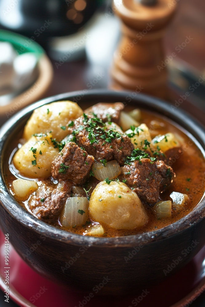 Pörkölt: A thick Hungarian stew made with beef, onions, and paprika, often served with dumplings. Pörkölt: A thick Hungarian stew made with beef, onions, and paprika, often served with dumplings.