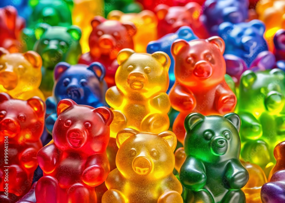 Obraz premium Colorful Gummy Bear Illustration with Various Flavors and Textures on a Bright Background
