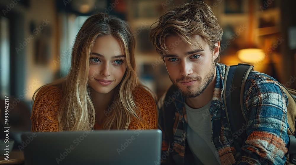 young couple with laptop packing for summer holiday at home talking young couple with laptop packing for summer holiday at home talking