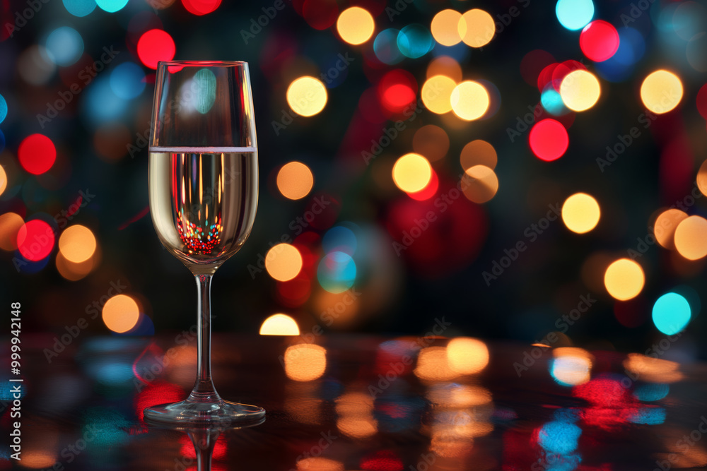 Glass of Champagne on festive background with copy space. Christmas banner Glass of Champagne on festive background with copy space. Christmas banner