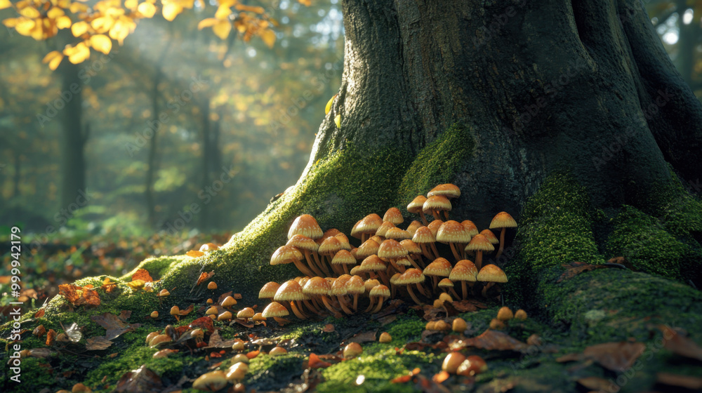 Mushrooms growing from the base of an ancient tree, surrounded by moss and dappled light Mushrooms growing from the base of an ancient tree, surrounded by moss and dappled light