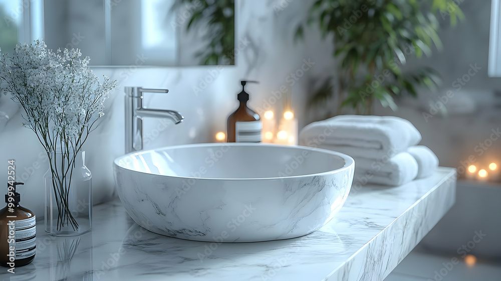 Modern Bathroom Design with Marble Sink and White Flowers Modern Bathroom Design with Marble Sink and White Flowers