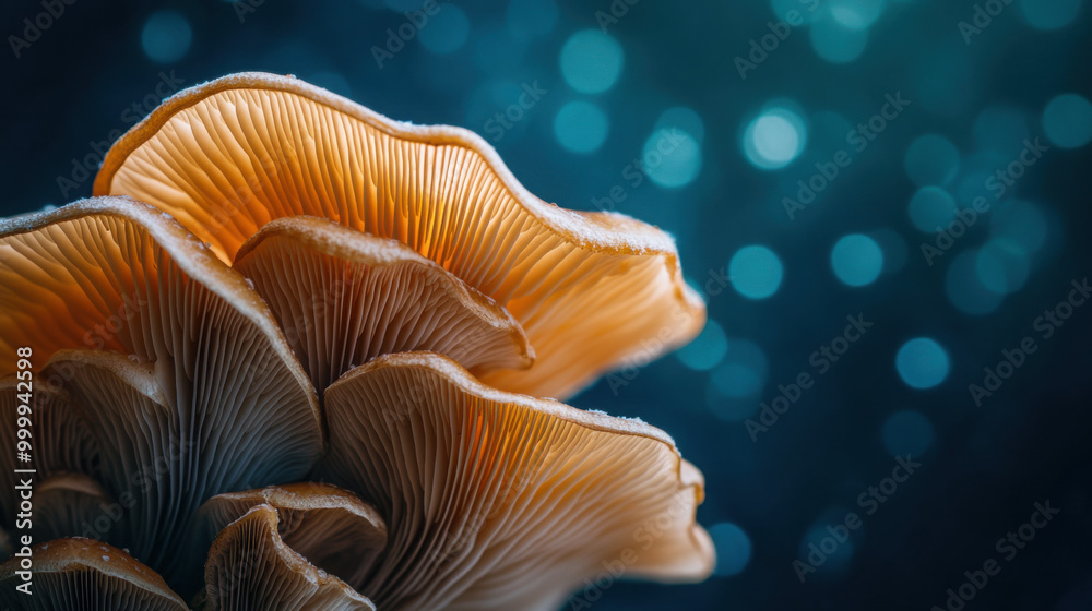 A dramatic close-up of a mushroom with a unique shape and texture against a dark, moody background