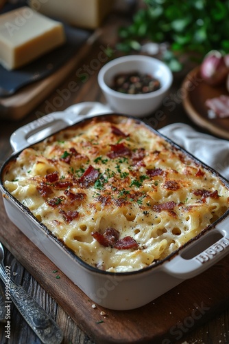 Túrós csusza: A pasta dish with cottage cheese, bacon, and sour cream, often baked in the oven. photo