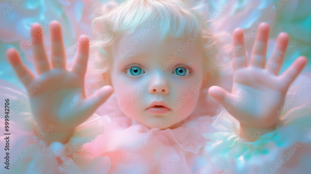 Portrait of a child with raised hands on a background with pastel colors. Perfect for conveying innocence and tranquility. Portrait of a child with raised hands on a background with pastel colors. Perfect for conveying innocence and tranquility.