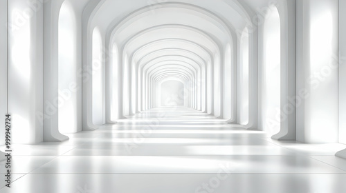 White Arched Corridor Leading to the Light, Minimalist Architecture Design, Modern Interior Design, Empty Space for Imagination