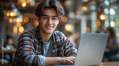 young female student sitting at the table using laptop when studying