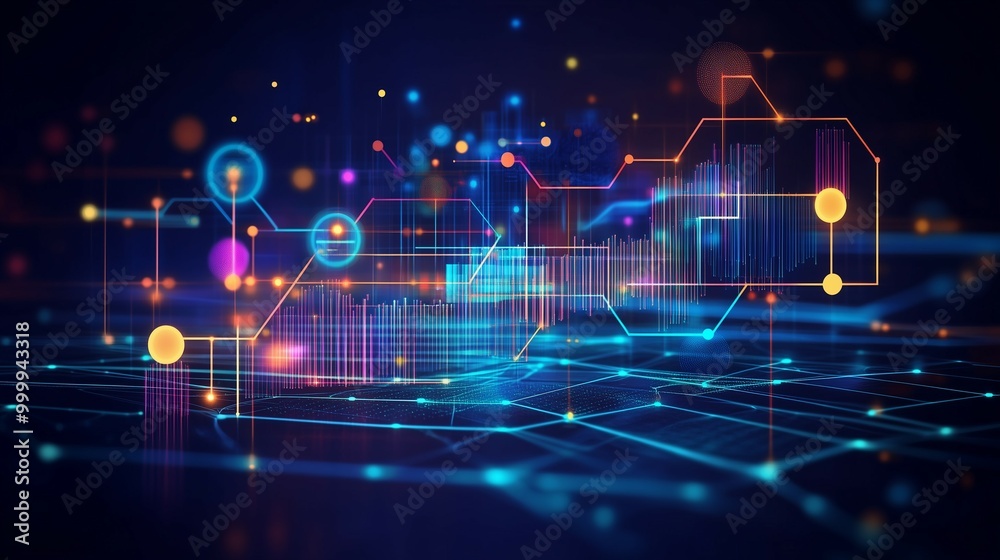 Obraz premium Illustration of Business analytics data flow concept with Big data technology, data science ,Querying analyzing, complex information, Neural network for artificial intelligence and Data mining