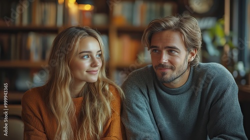 young man and woman sitting indoors in green office business meeting concept