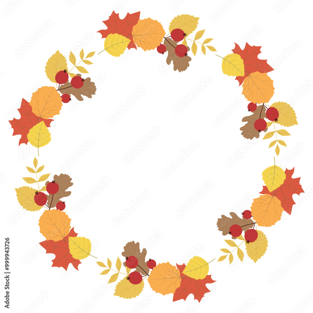 Autumn leaves round frame. Isolated on a white background. Yellow, red leaves and red berries in the flat style. Design element with copy space for your text. Autumn leaves round frame. Isolated on a white background. Yellow, red leaves and red berries in the flat style. Design element with copy space for your text.