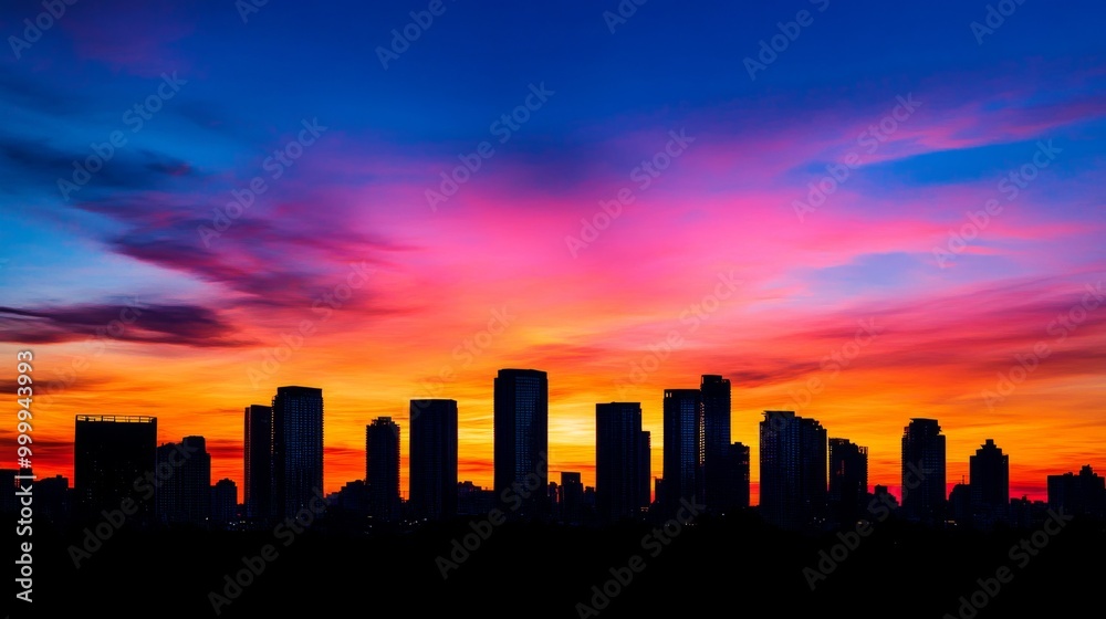A breathtaking sunset view of a skyline silhouette, with skyscrapers standing tall against a colorful sky, evoking a sense of tranquility and reflection A breathtaking sunset view of a skyline silhouette, with skyscrapers standing tall against a colorful sky, evoking a sense of tranquility and reflection