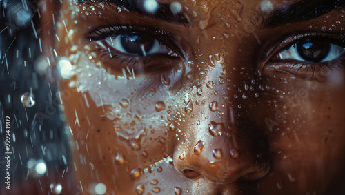 Close-up of a Woman's Face with Raindrops Adorning Her Skin, Accentuating Her Natural Grace