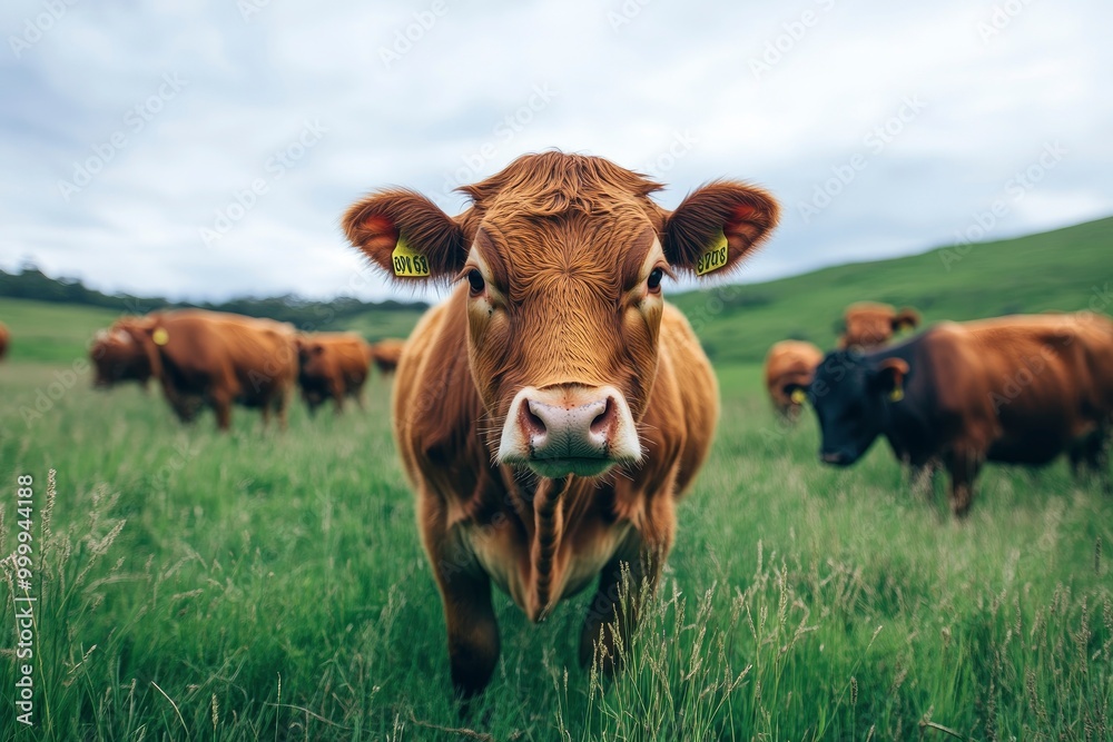 beautiful cattle in Australia eating grass, grazing on pasture. Herd of cows free range beef being regenerative raised on an agricultural farm. generative ai beautiful cattle in Australia eating grass, grazing on pasture. Herd of cows free range beef being regenerative raised on an agricultural farm. generative ai