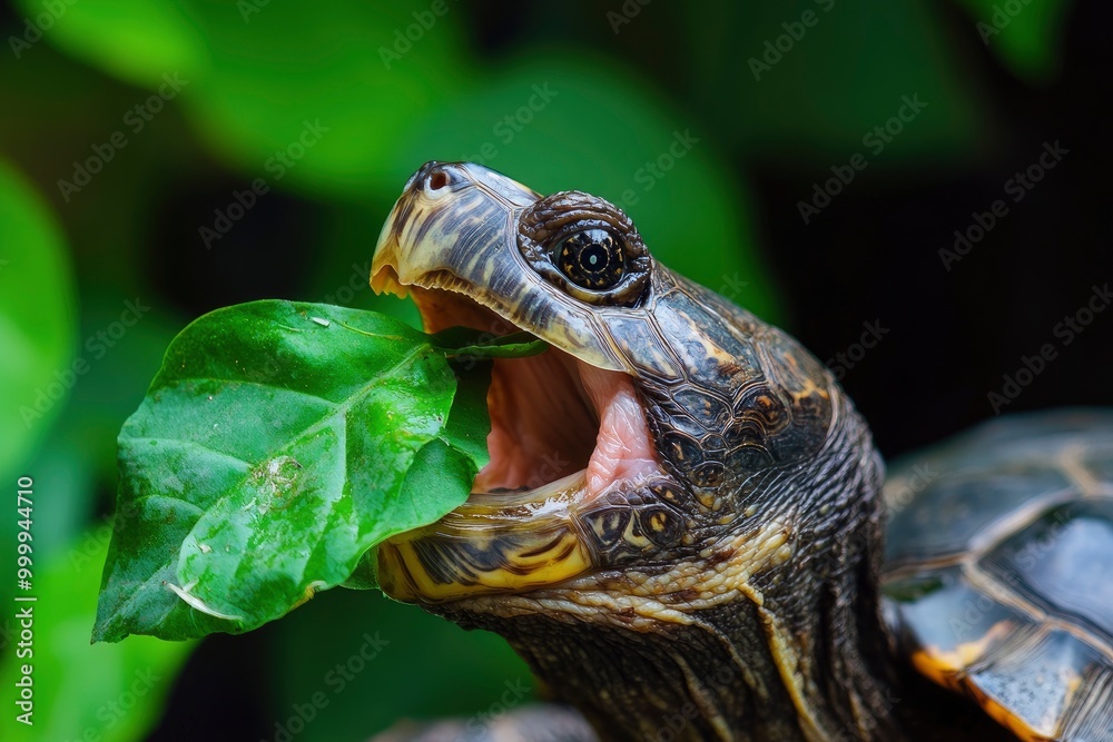 Obraz premium Big turtle opened mouths and eating green leaves. Wild animals backgrounds.generative ai