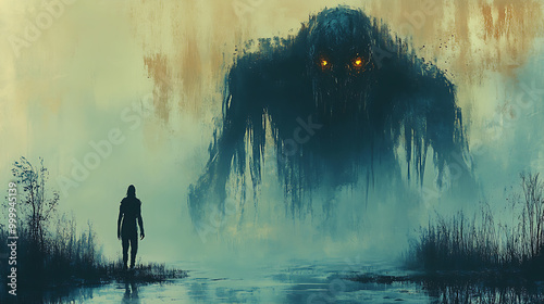 A large, menacing black monster looms over a tiny person, showcasing its intimidating presence.
