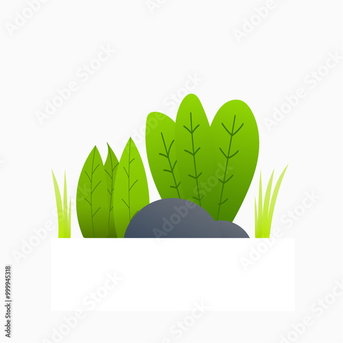 illustration of a rock and the leafy shrubs growing around it and the grass