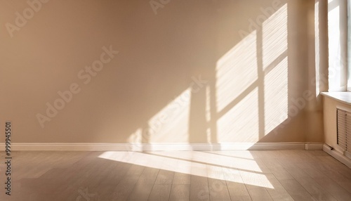 Light on the background wall. Shadow from the window and sunlight. White rays of the sun in a bright empty room. Shade overlay. Modern studio in beige tones. interior of a room with a window