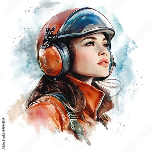 Watercolor Painting of a Young Woman in a Pilot's Helmet. photo