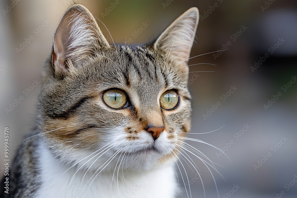 Close-up photograph of a domestic tabby cat, highlighting its piercing green eyes and intricate fur patterns. Close-up photograph of a domestic tabby cat, highlighting its piercing green eyes and intricate fur patterns.