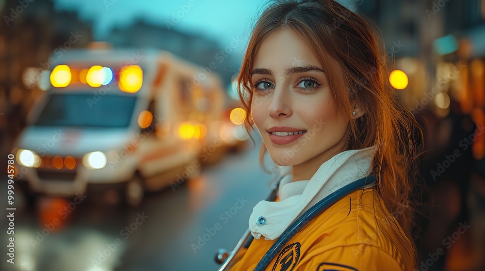 Obraz premium young woman doctor getting into the ambulance car