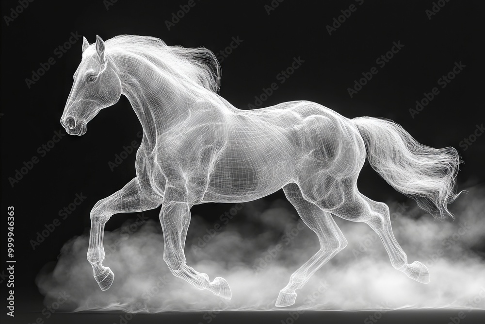 Wireframe horse running in a cloud of smoke. Wireframe horse running in a cloud of smoke.
