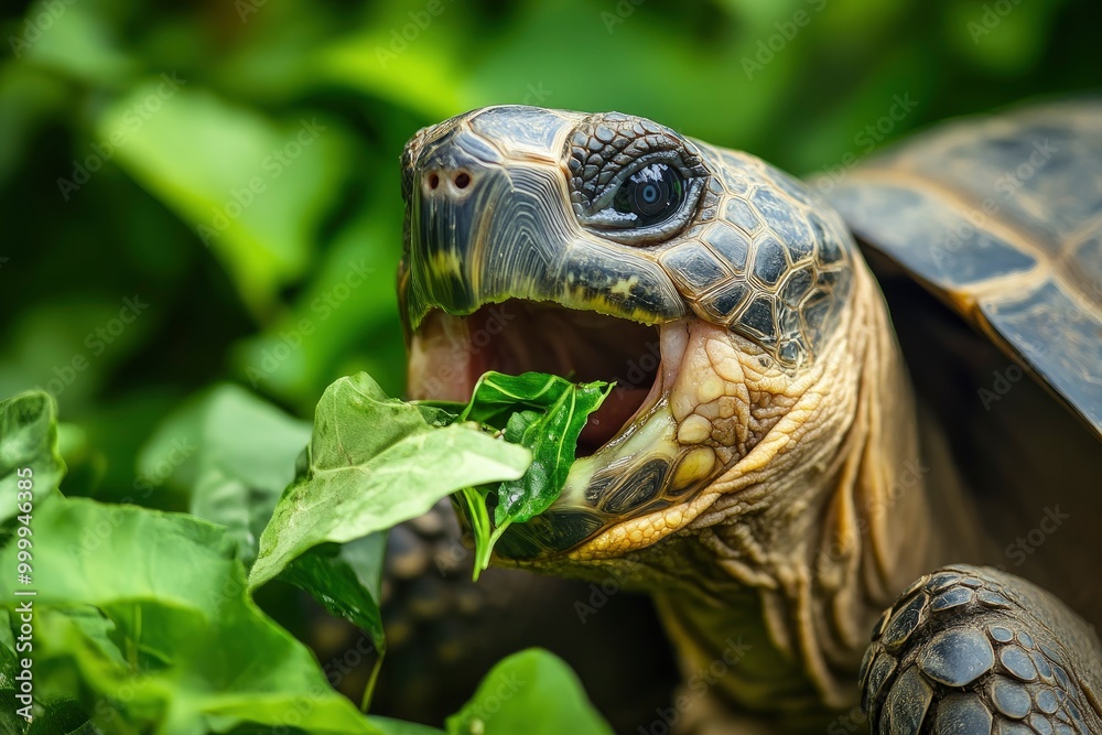 Obraz premium Big turtle opened mouths and eating green leaves. Wild animals backgrounds.generative ai