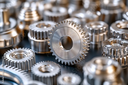 Close-up of shiny metal gears, a symbol of industry.