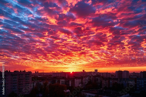 Panoramic Red and Orange Sunset Sky with Soft Clouds