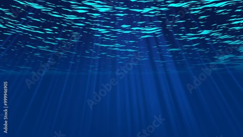 2d animated character of  A view from under the water of the sea or the ocean, where the waves are sliding above the water and the sunlight is shining down through the water. 