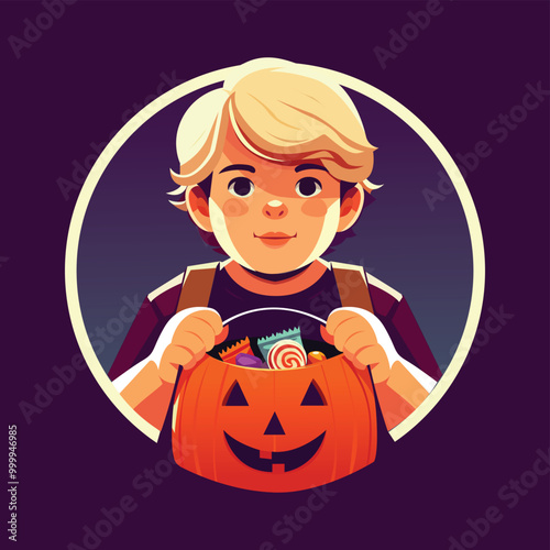 flat design illustration of a boy with pumpkin bowl for halloween candy trick or treat