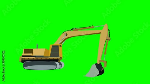 2d animated character of  Big excavator digging or digging the ground or carrying soil or moving sand and stone in construction building  . in green screen background chroma key.