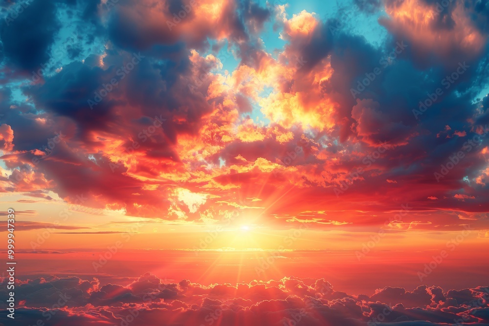 Dramatic Red and Orange Sunset Sky with Clouds, Panoramic Aerial View