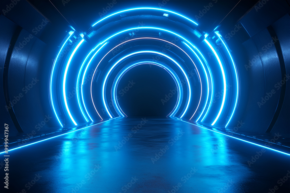 Obraz premium Dark tunnel with blue light lines in the form of an arch