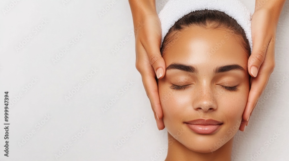 Relaxed woman enjoying facial massage, white isolate background. Spa and massage. Relaxed woman enjoying facial massage, white isolate background. Spa and massage.