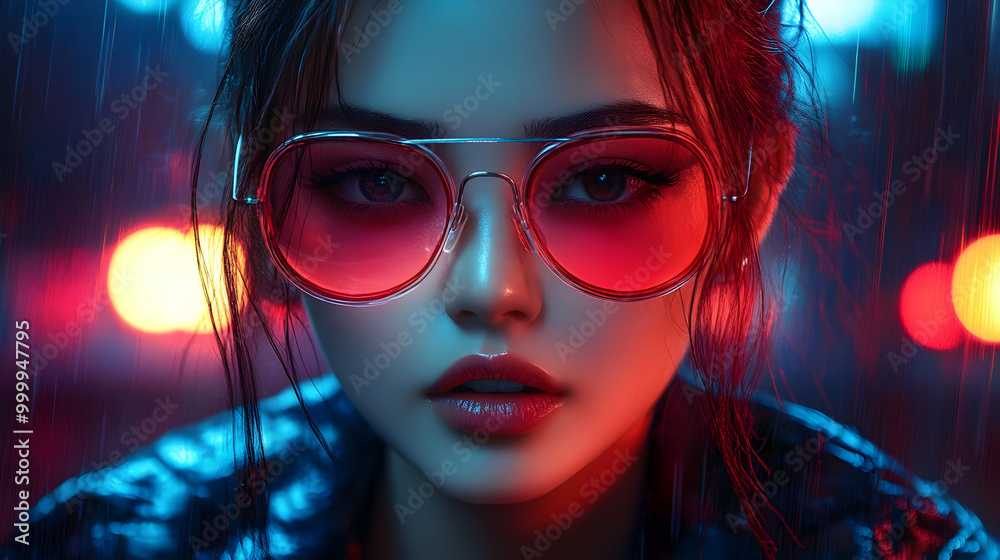 Neon Lights Reflecting in Sunglasses, Cyberpunk Aesthetic, Futuristic Fashion Neon Lights Reflecting in Sunglasses, Cyberpunk Aesthetic, Futuristic Fashion