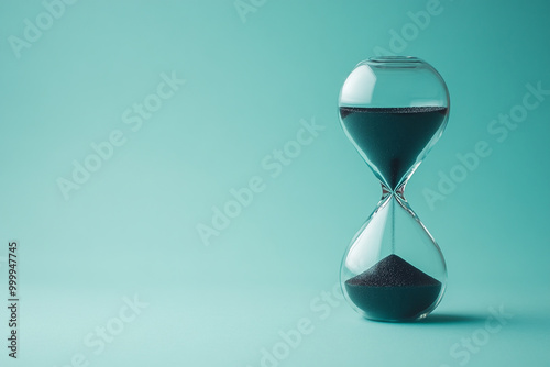 A glass hourglass with sand in it is on a blue background. Concept of time passing quickly and the fleeting nature of time