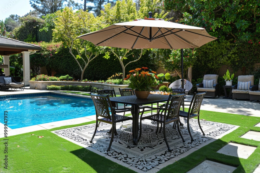 Cast Iron Patio Table and Chairs Set with Umbrella by the Pool on Artificial Grass Cast Iron Patio Table and Chairs Set with Umbrella by the Pool on Artificial Grass