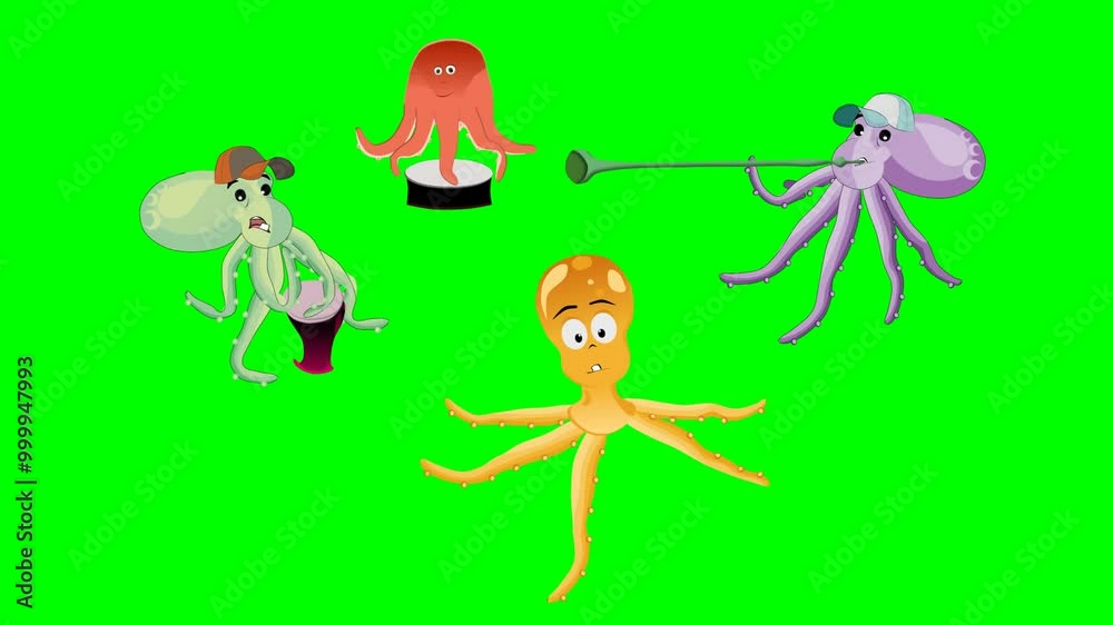 2d animated character of Performing live music anthem on stage in front of the audience by four octopus and mermaid characters purple. in green screen background chroma key. 2d animated character of Performing live music anthem on stage in front of the audience by four octopus and mermaid characters purple. in green screen background chroma key.