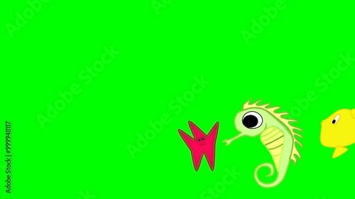 2d animated character of  Moving in order and regular group of marine aquatics to left, starfish, shrimp, seahrose, clown fish, stingray. in green screen background chroma key. photo