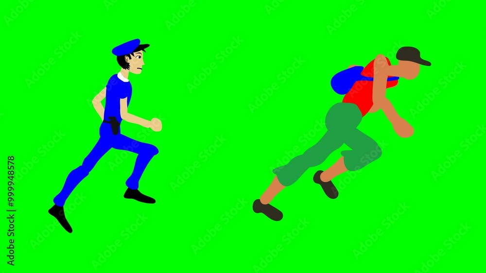 2d animated character of character of thief and policeman, thief with bag running away from policeman in blue who is running after him. in green screen background chroma key. 2d animated character of character of thief and policeman, thief with bag running away from policeman in blue who is running after him. in green screen background chroma key.
