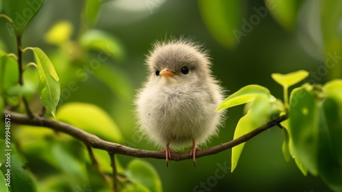 A charming close-up of a fluffy baby bird perched on a branch, surrounded by vibrant green leaves, capturing the innocence and beauty of nature in springtime.
