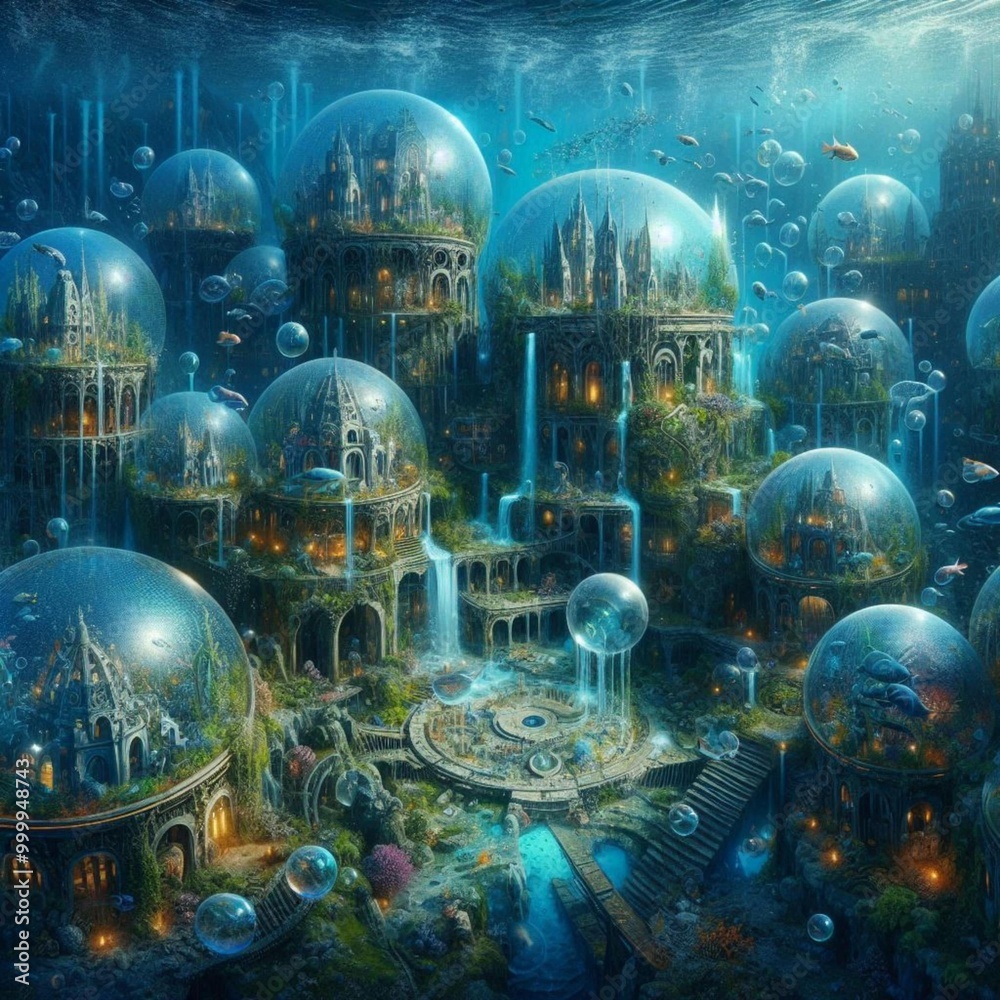 An underwater metropolis with bubble domes, inhabited by merfolk and ...