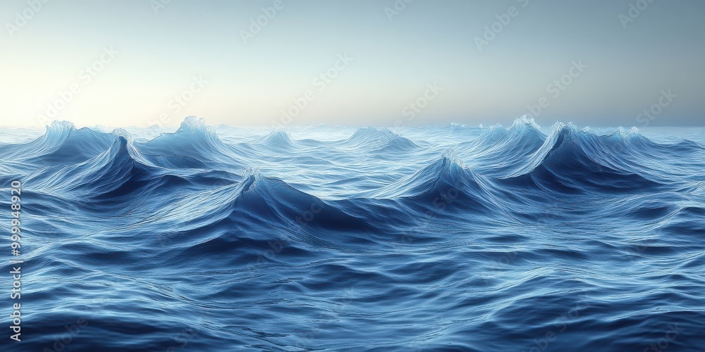 A tranquil expanse of blue water, with gentle waves rolling across the horizon, under a soft, ethereal sky A tranquil expanse of blue water, with gentle waves rolling across the horizon, under a soft, ethereal sky