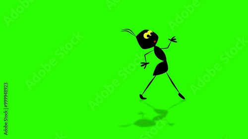 2d animated character of black ant character slowly and stealthily moves towards delicious cake, a finger hand comes and throws, shadow . in green screen background chroma key.
