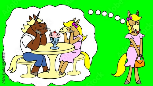 2d animated character of female horse character is imagining thinking about going to restaurant cafe with her fianc� or man of her dreams . in green screen background chroma key.