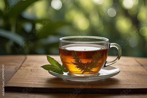 Serene Herbal Tea Scene with Stevia Leaf on Glass Cup, Capturing Warm Amber Tones and Natural Sweetness